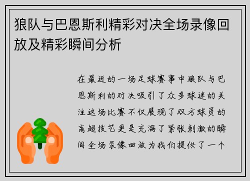 狼队与巴恩斯利精彩对决全场录像回放及精彩瞬间分析